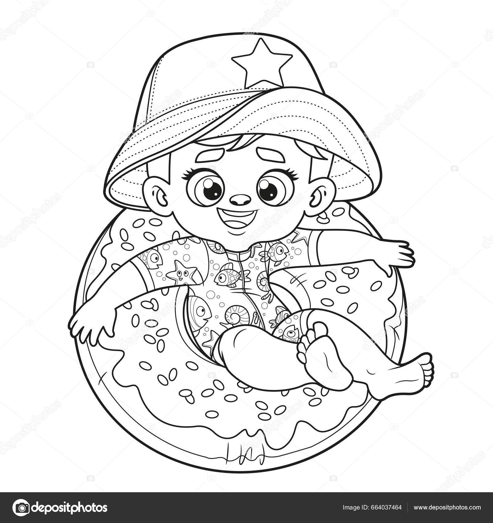 Cute cartoon boy swimsuit panama lies inflatable circle outlined coloring stock vector by yadviga