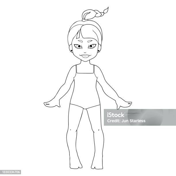 Little cute girl in a swimsuit coloring page outline isolated on white background black and white character vector illustration stock illustration