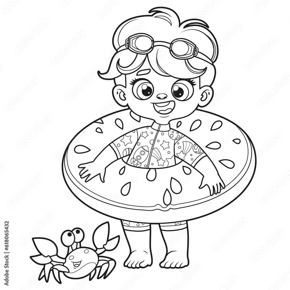 Cute cartoon boy in a swimsuit and with watermelon inflatable ring for swimming outlined for coloring page on white background vector