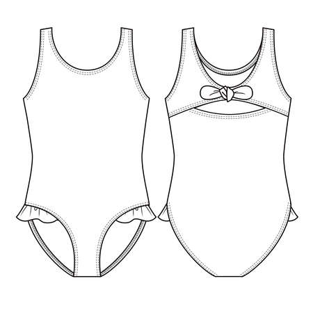 Cute toddler girls swimsuit fashion flat sketch template swimwear technical fashion illustration one piece with frills at leg opening