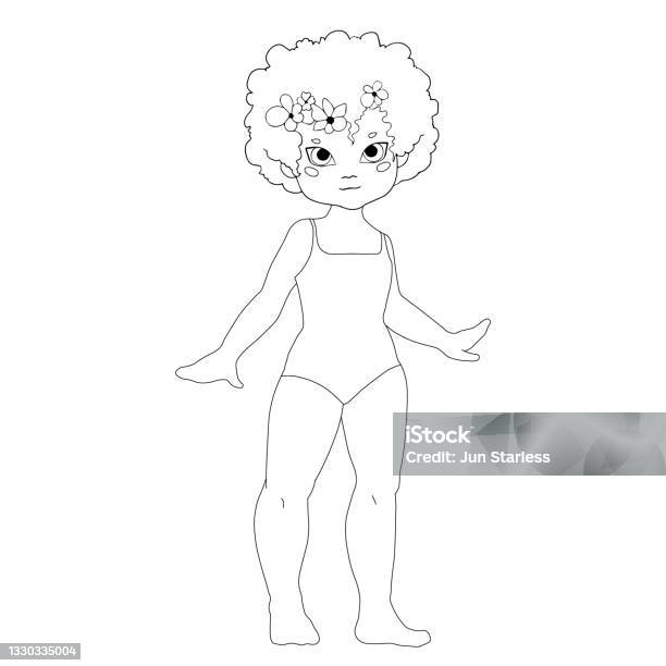 Little cute girl in a swimsuit coloring page outline isolated on white background black and white character vector illustration stock illustration