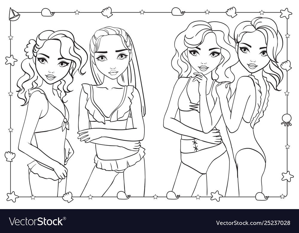 Coloring book girls in bathing suits and bikini vector image