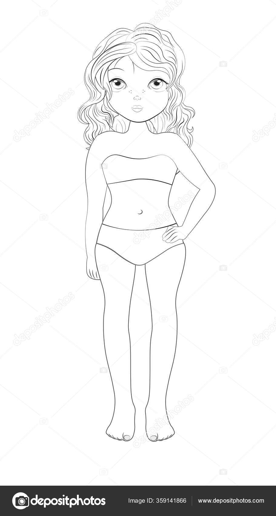 Coloring book blonde girl swimsuit paper doll modelling fashion clothes stock vector by lollitta