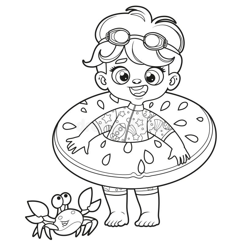 Cute cartoon boy in a swimsuit and with watermelon inflatable ring for swimming outlined for coloring page stock vector