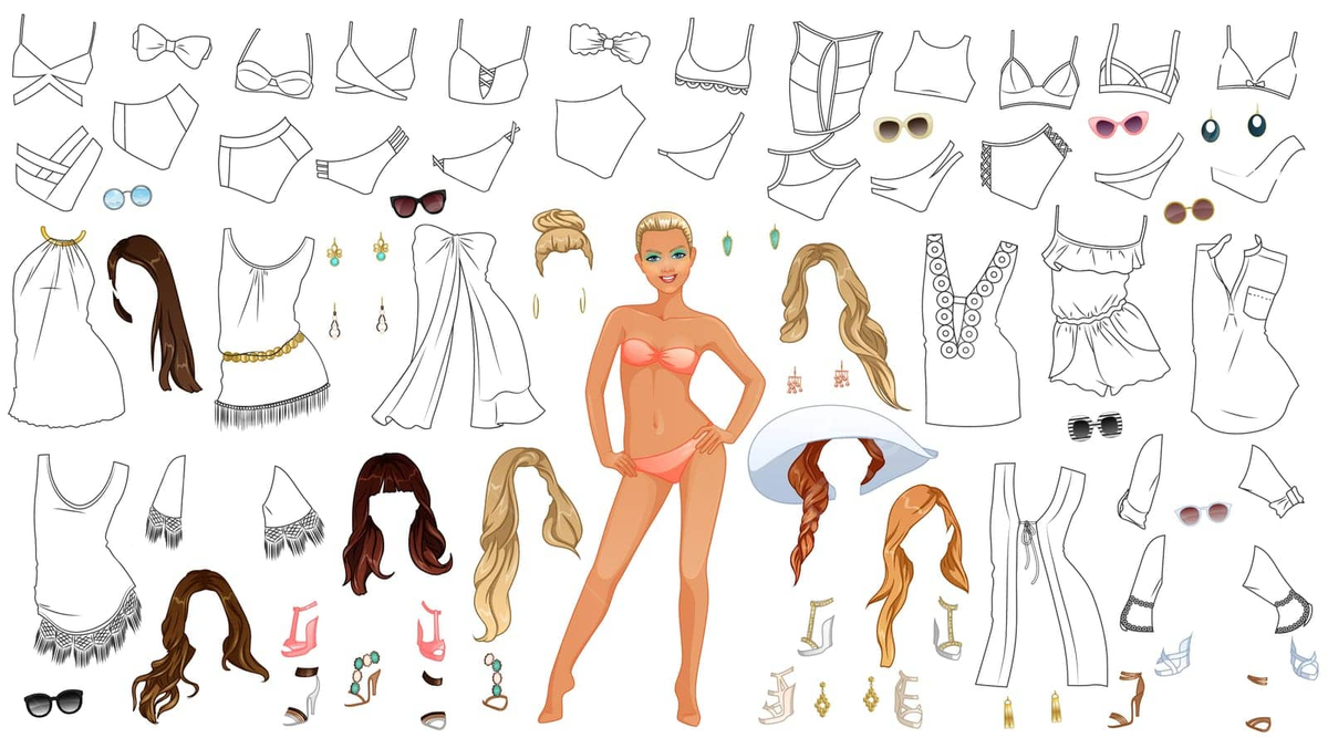 Summer pool chic coloring page paper doll outfit hairstyle beachwear vector outfit hairstyle beachwear png and vector with transparent background for free download