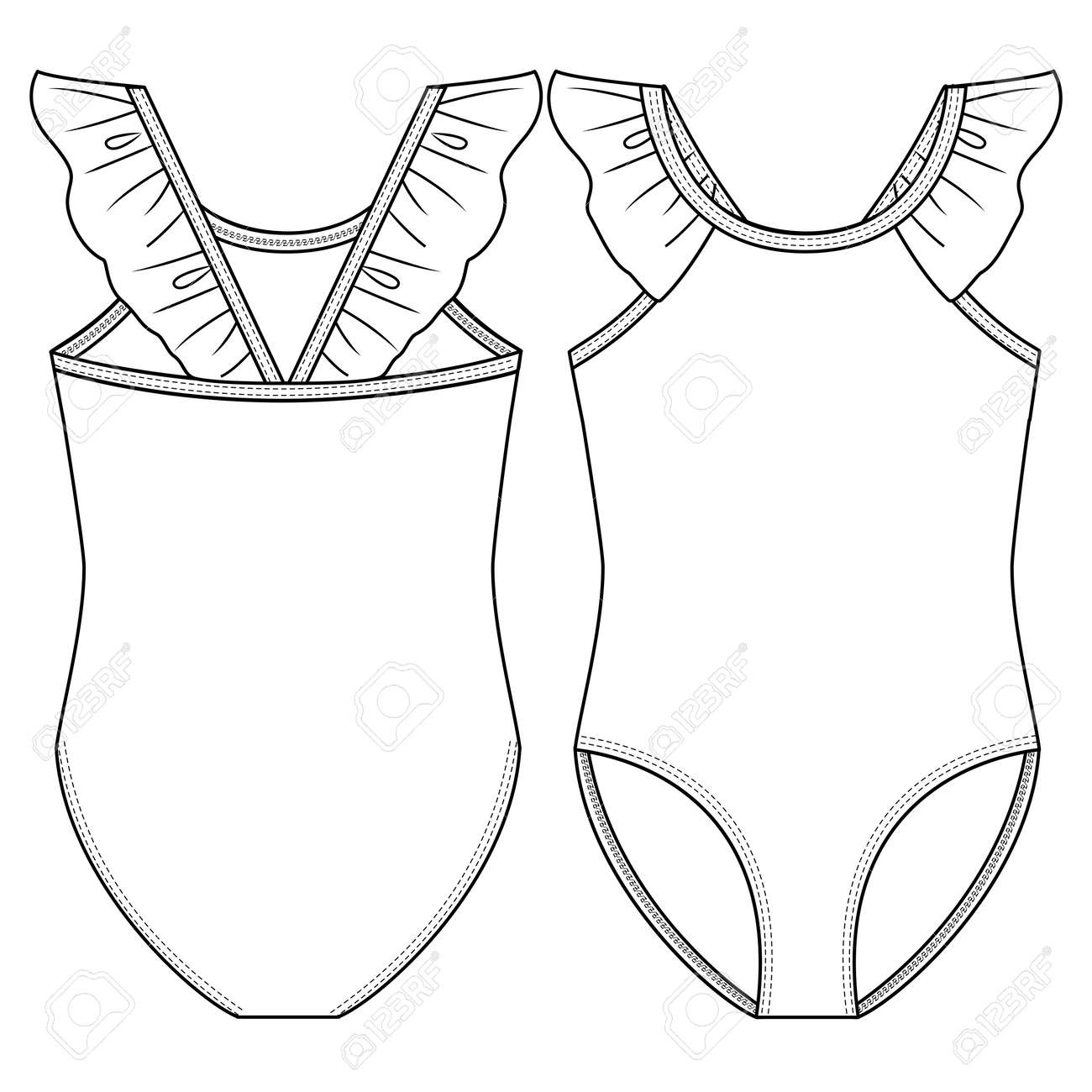 Girls one piece swimsuit fashion flat sketch template swimwear technical fashion illustration frill detail royalty free svg cliparts vectors and stock illustration image