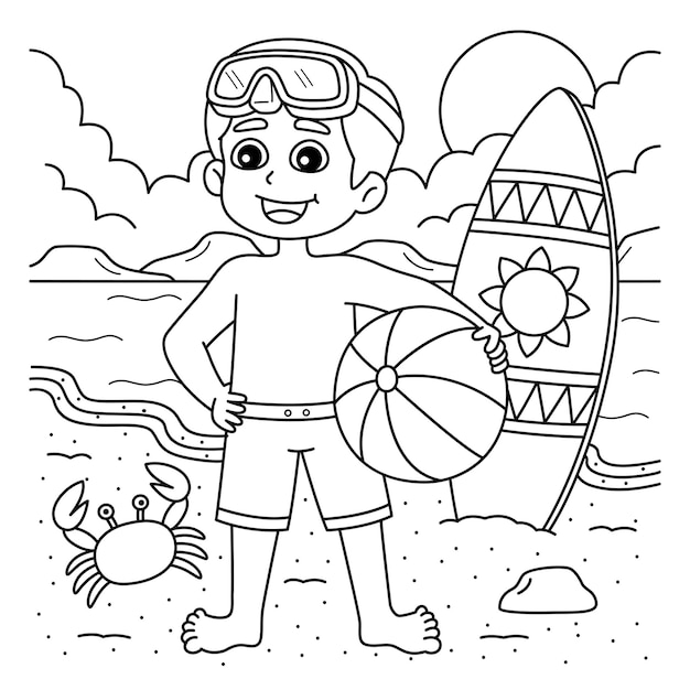 Premium vector a cute and funny coloring page of a boy in a swimsuit outfit provides hours of coloring fun for children color this page is very easy suitable for little