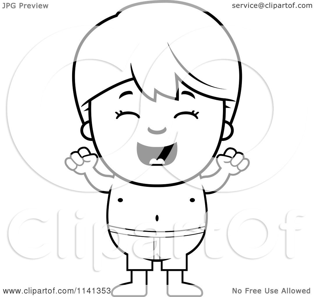 Cartoon clipart of a black and white cheering boy in swim trunks