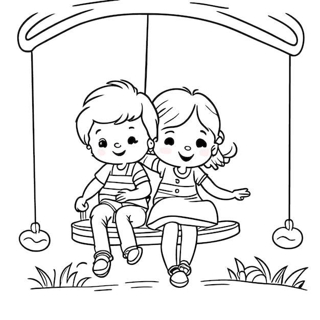 Premium vector kids swinging on a swing coloring page vector illustration line art