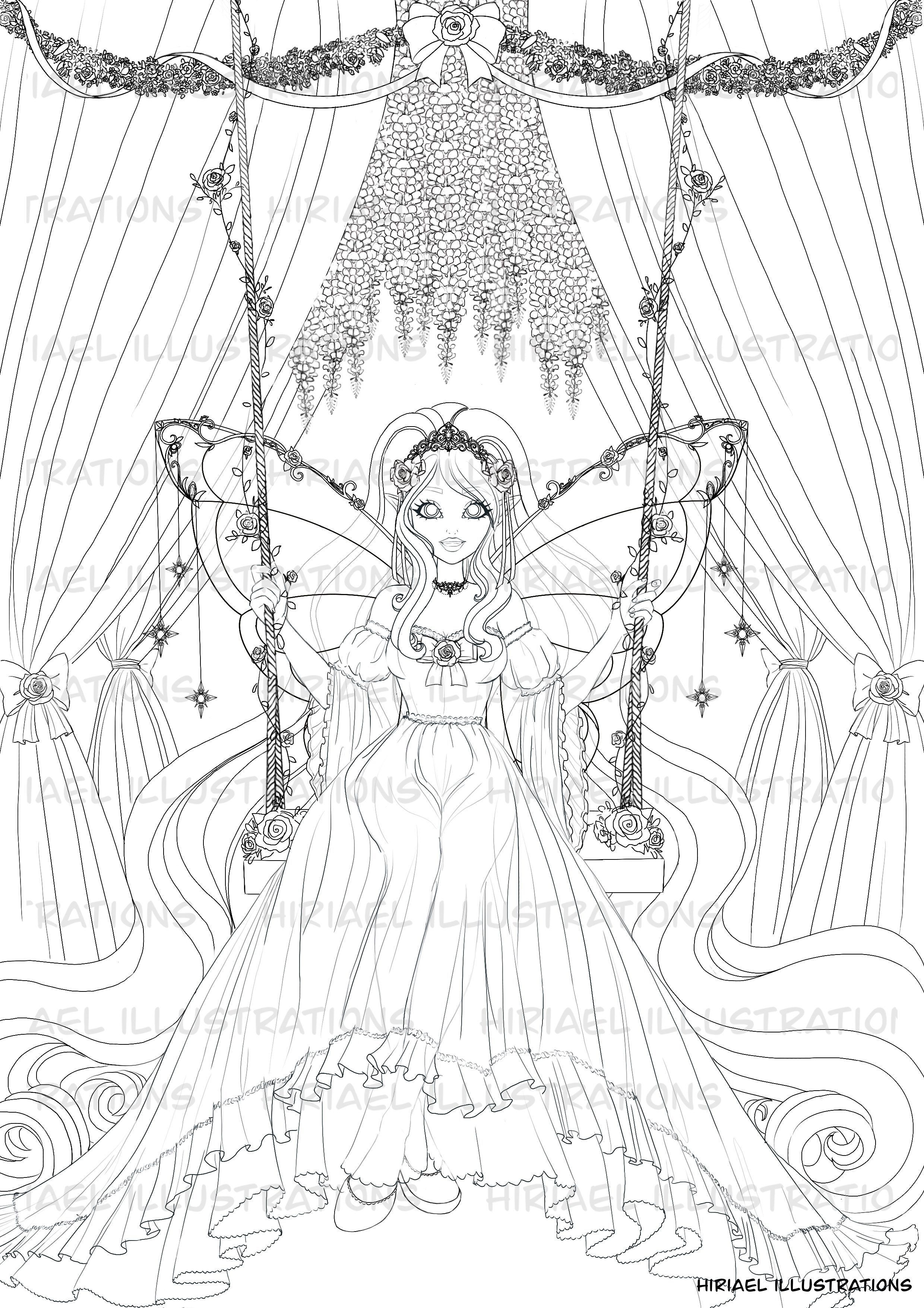 Fairy on swing coloring page by hiriaelillustrations on