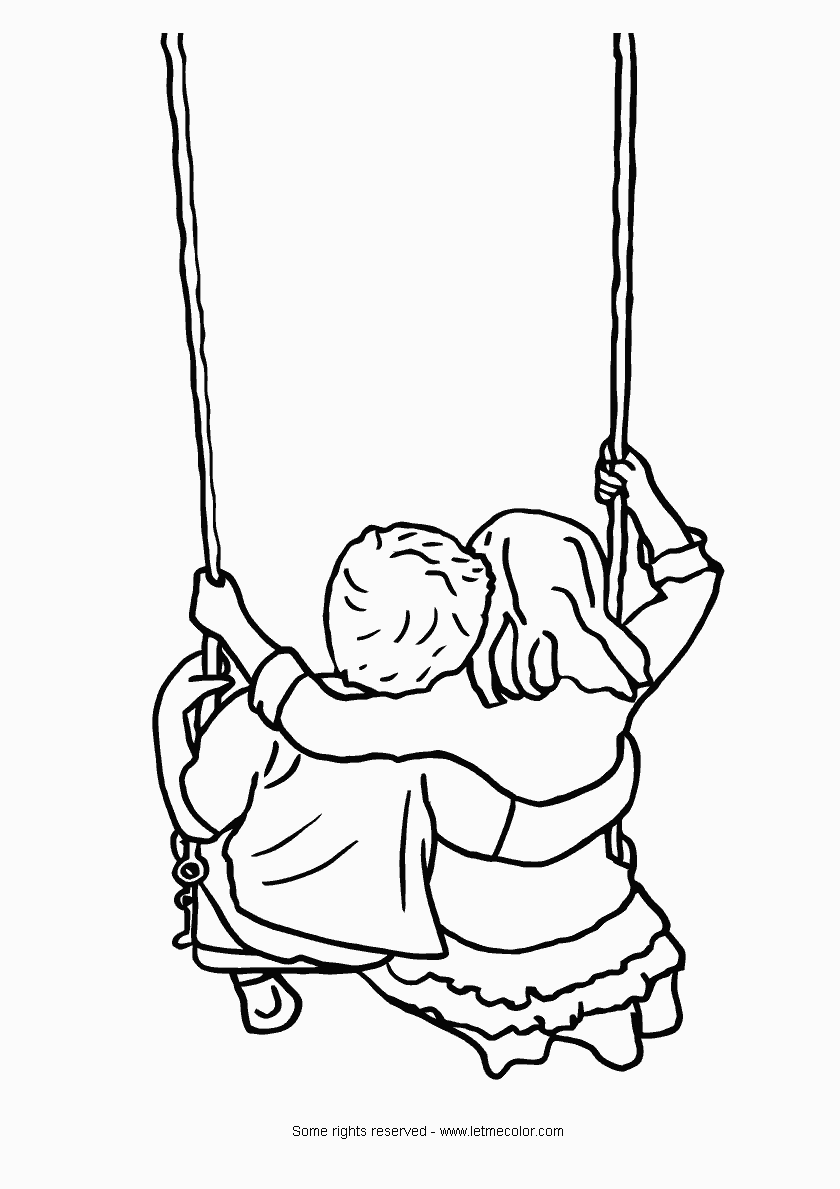 Kids on a swing coloring page
