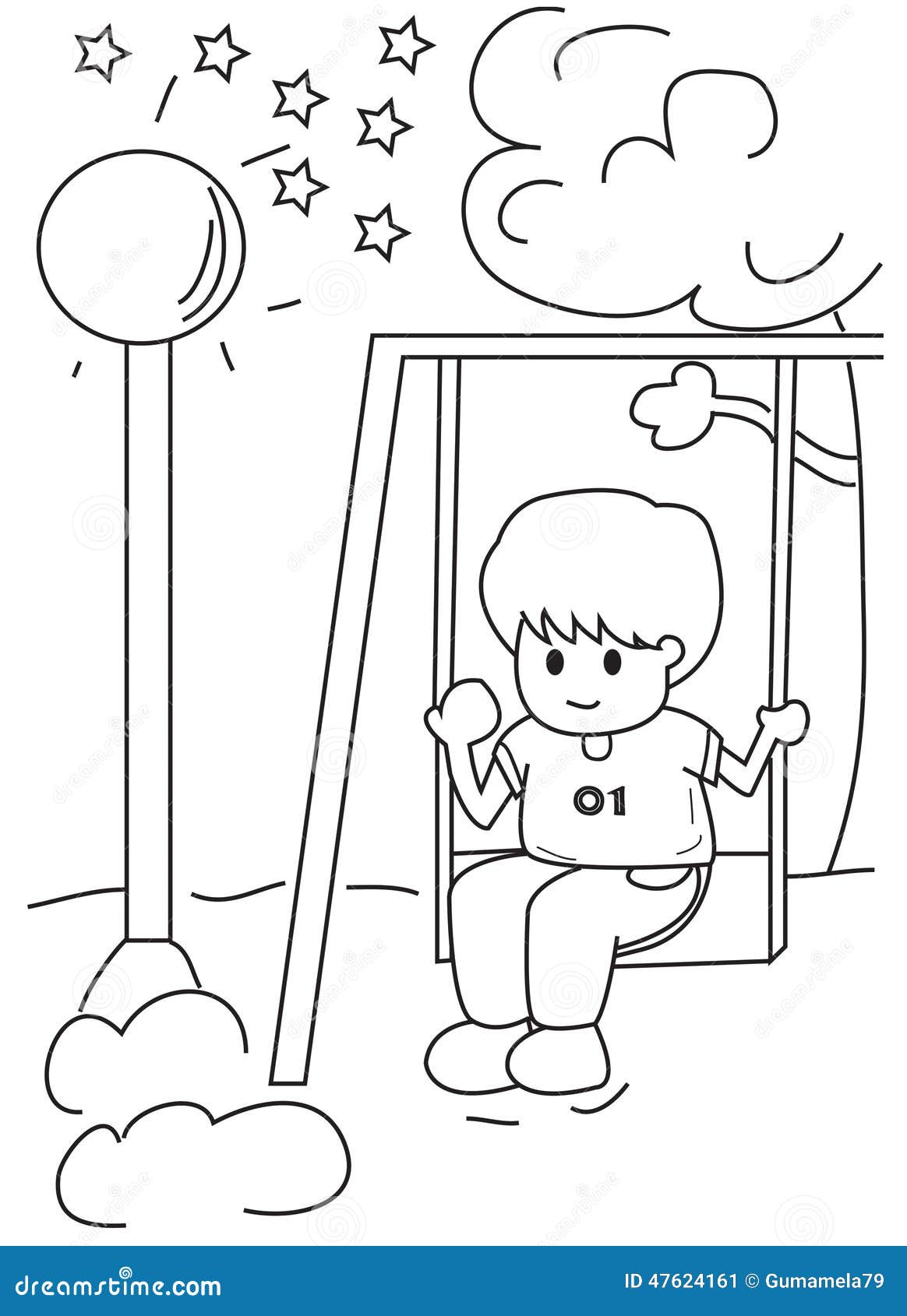 Hand drawn coloring page of a boy on a swing stock illustration