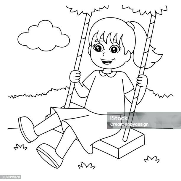 Girl on a swing coloring page isolated for kids stock illustration