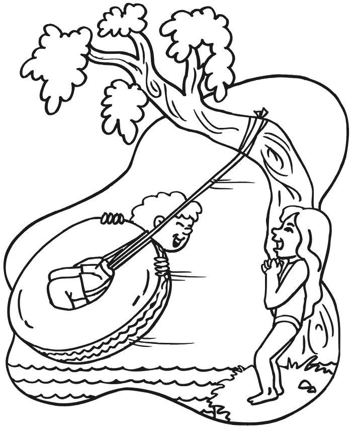 Summer coloring page kids playing with tire swing