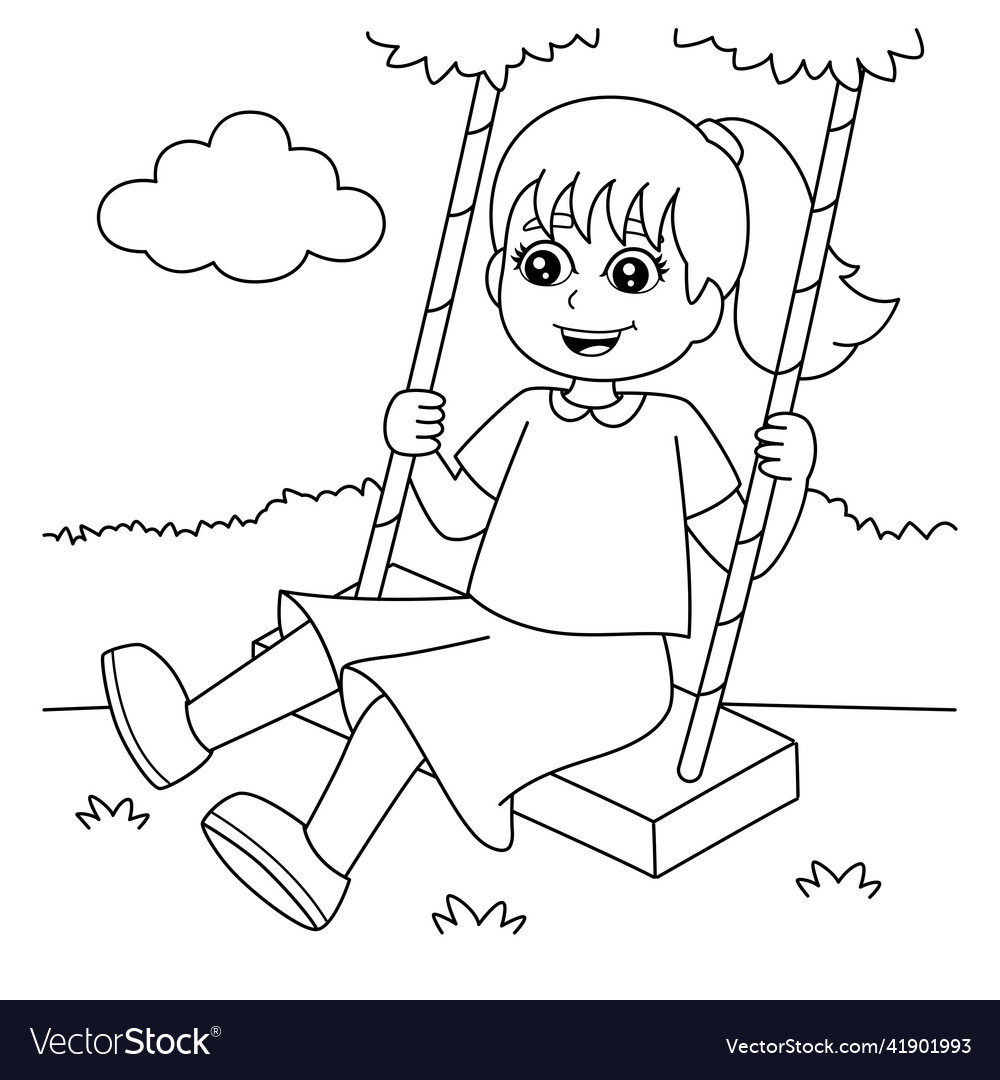 Girl on a swing coloring page for kids royalty free vector