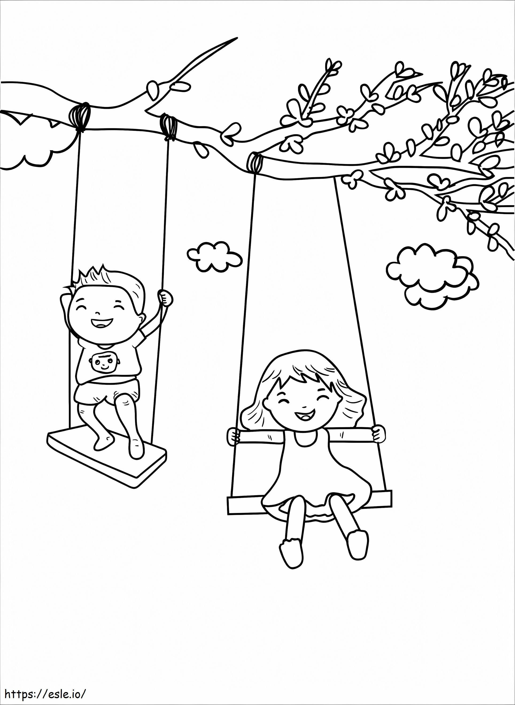 Kids on swing coloring page