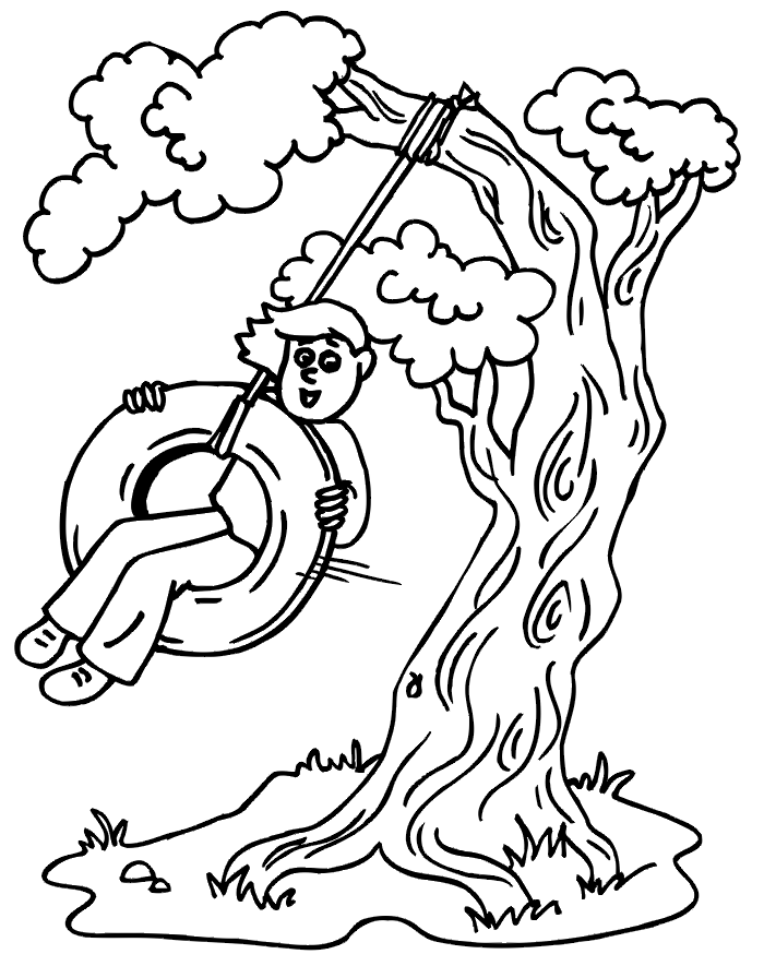 Summer coloring page kid on tire swing