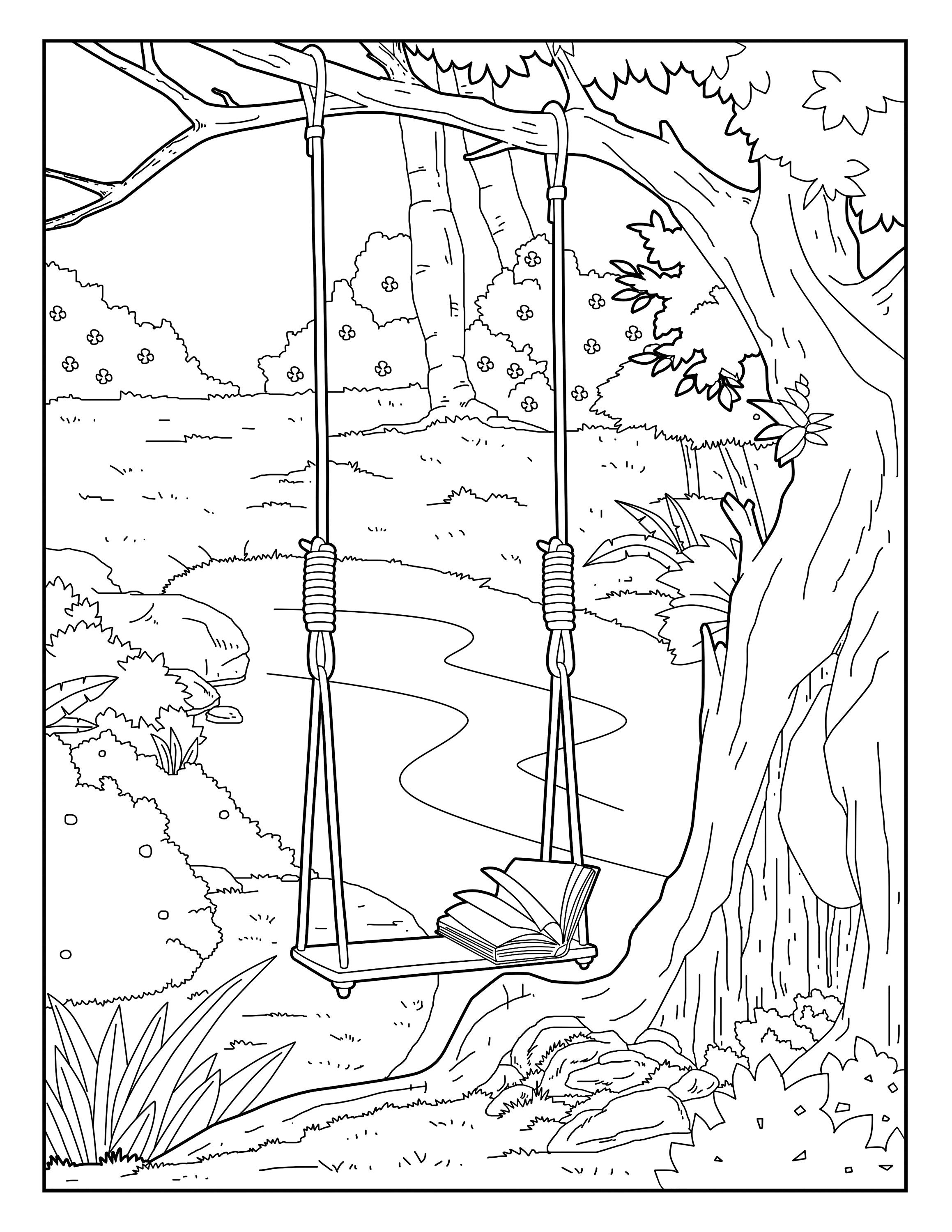 Garden swing garden gallery coloring pages for adults printable coloring page instant download pdf