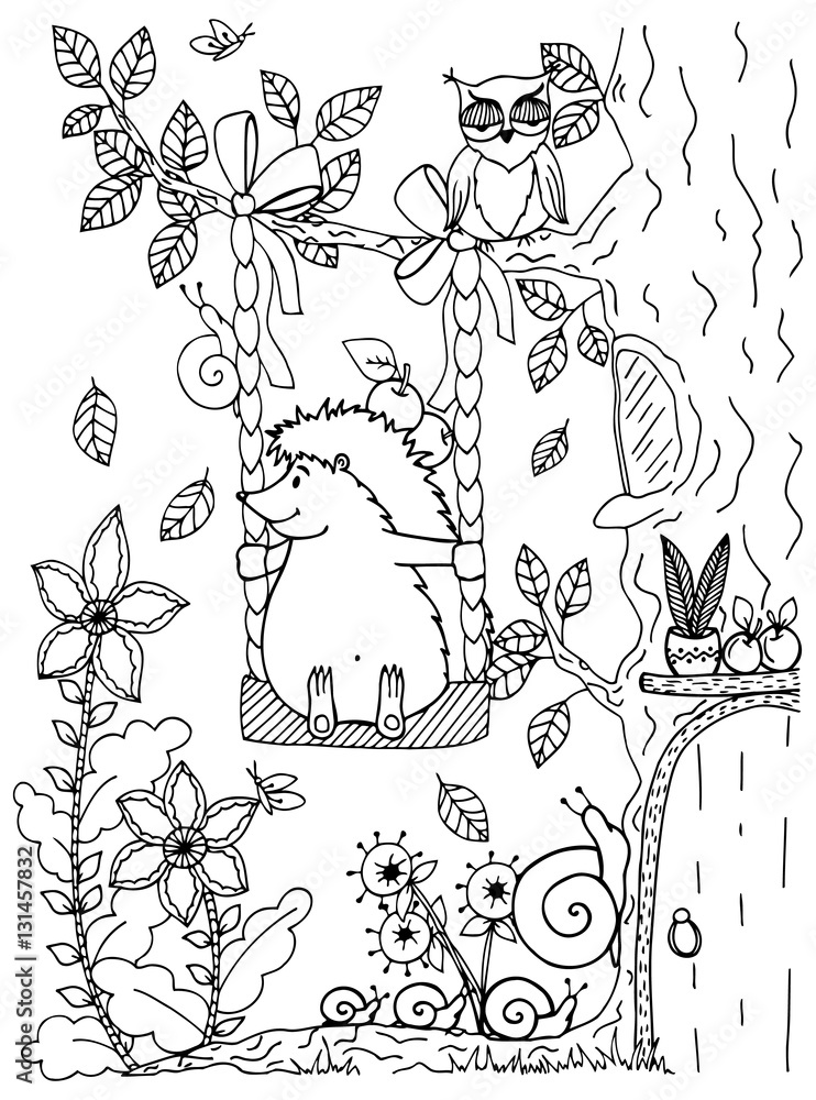 Doodle illustration of a hedgehog on a swing vector coloring page anti