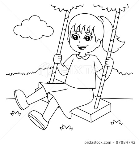 Girl on a swing coloring page for kids