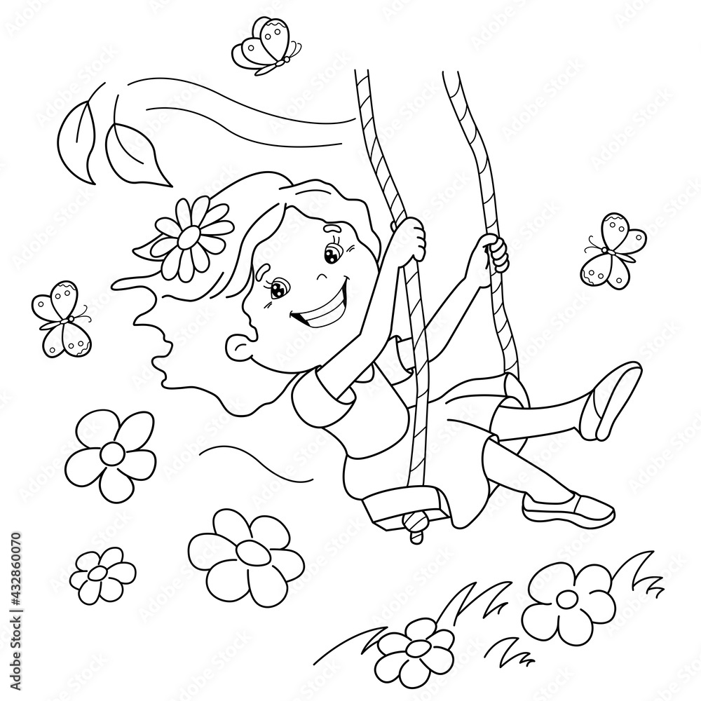 Coloring page outline of cartoon girl rides on a swing outdoor games on playground summer activity coloring book for kids vector