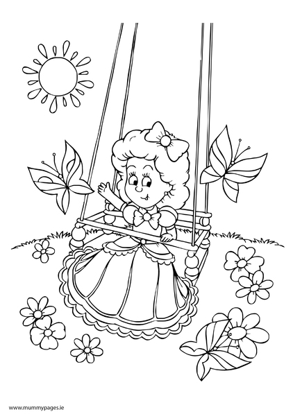 Little girl playing on swing colouring page