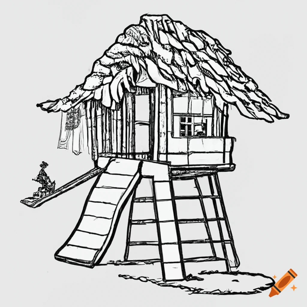 Coloring page of a fun treehouse with slide ladder and swing on