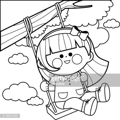 Girl playing on a tree swing coloring page stock clipart royalty