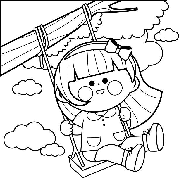 Girl playing on a tree swing coloring page stock illustration