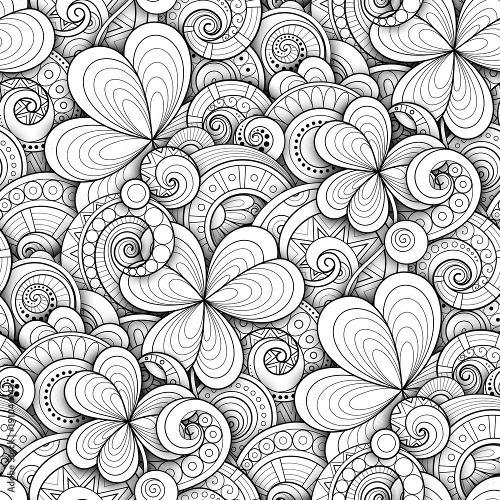 Monochrome doodle st patricks day seamless pattern decorative clover leaf talisman abstract coins and swirl elegant natural background coloring book page vector d ornate illustration vector