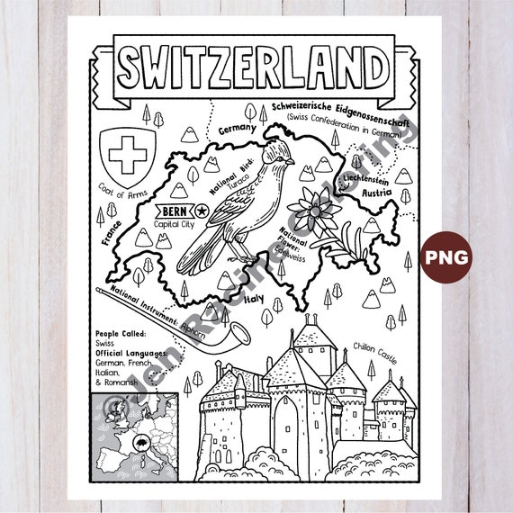 Switzerland coloring page geography of europe digital download coloring page download now