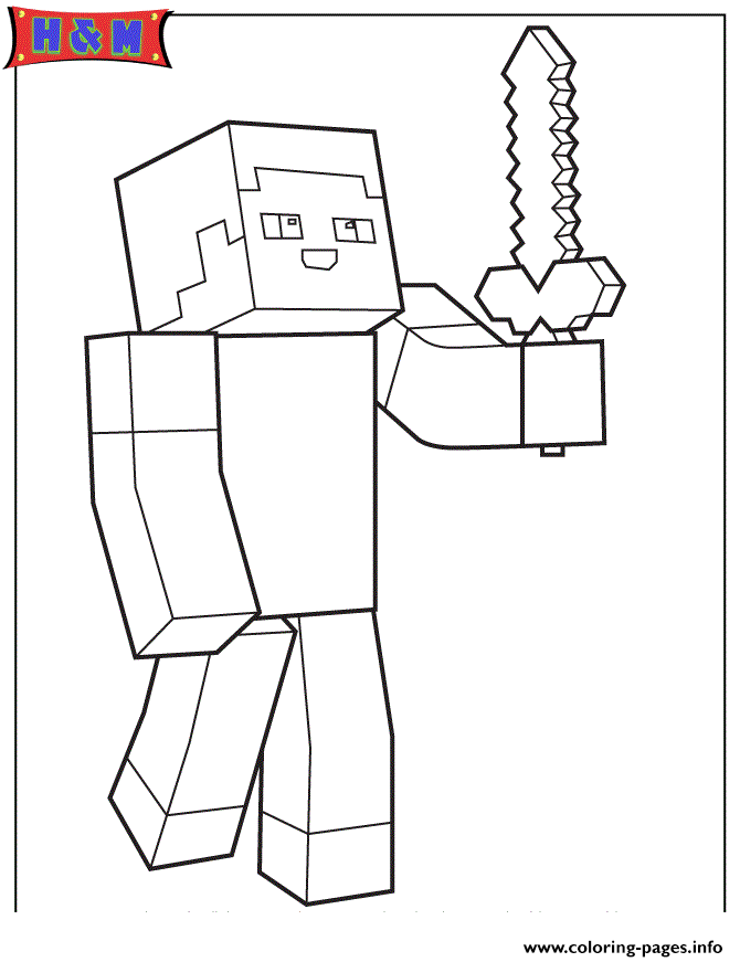 Minecraft person holding sword coloring page printable