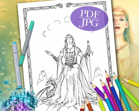 Fantasy coloring page sorceress goddess mythology dragon sword moons coloring pages for adults printable download pdf jpg