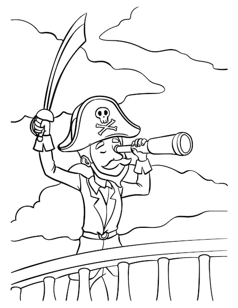 Premium vector pirate holding sword and telescope coloring page