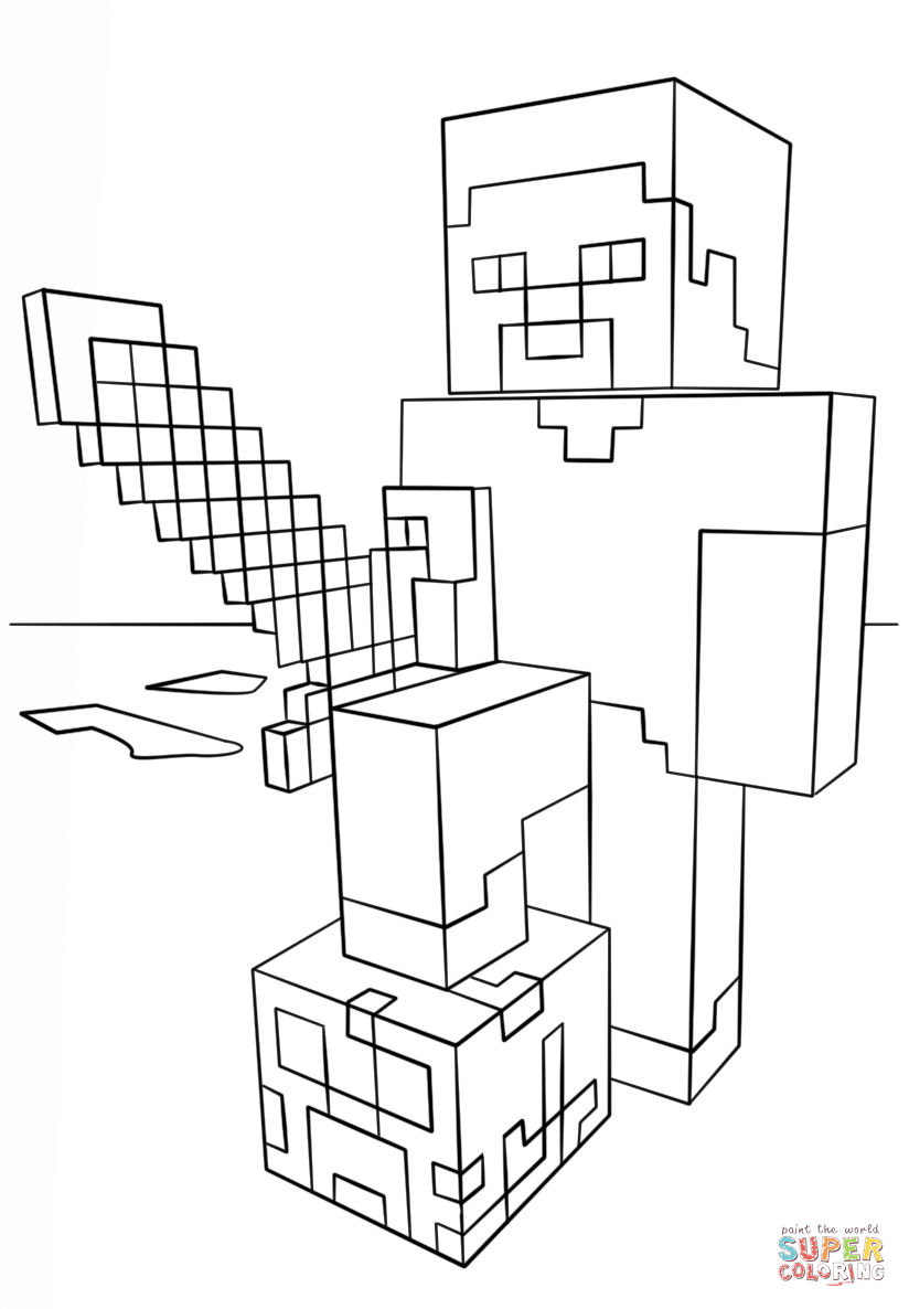 Minecraft steve with diamond sword coloring page free printable coloring pages