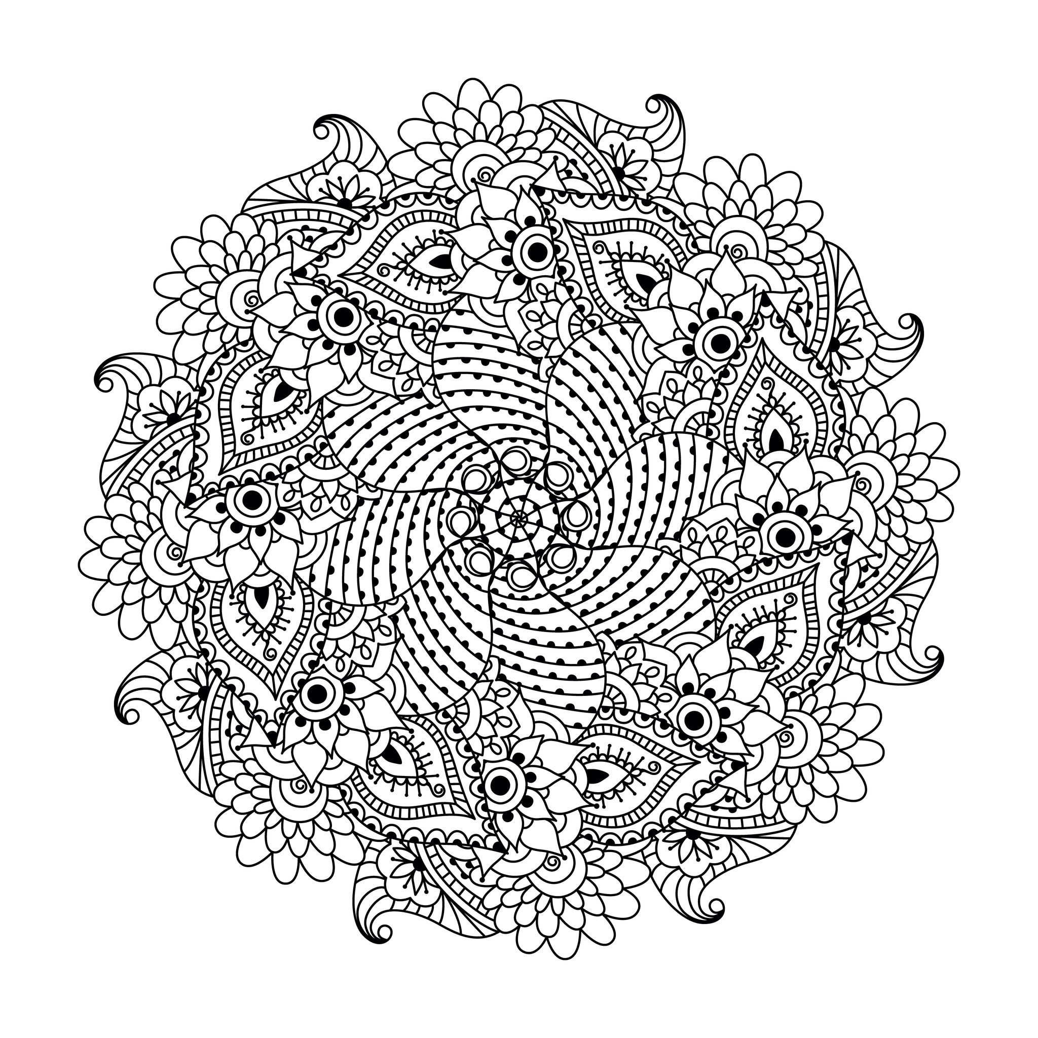 Symmetrical mandala with cute leaves and flowers