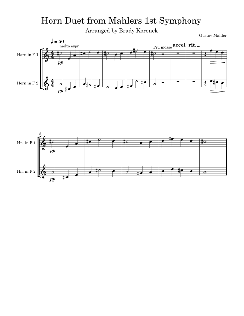 Symphony no â gustav mahler horn duet from mahlers st symphony sheet music for french horn brass duet