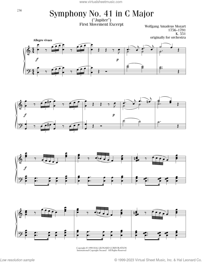 Symphony no in c major jupiter first movement excerpt sheet music for piano solo