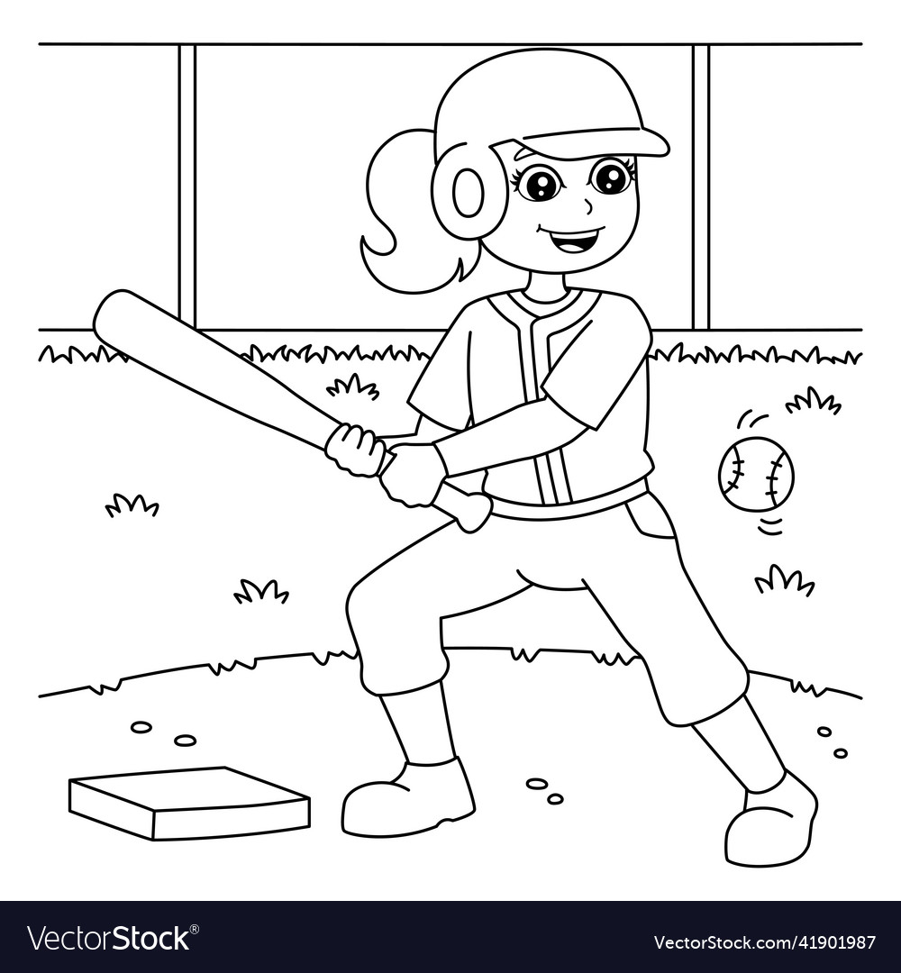 Girl playing baseball coloring page for kids vector image