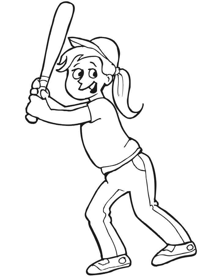 Printable baseball coloring page girl player at bat