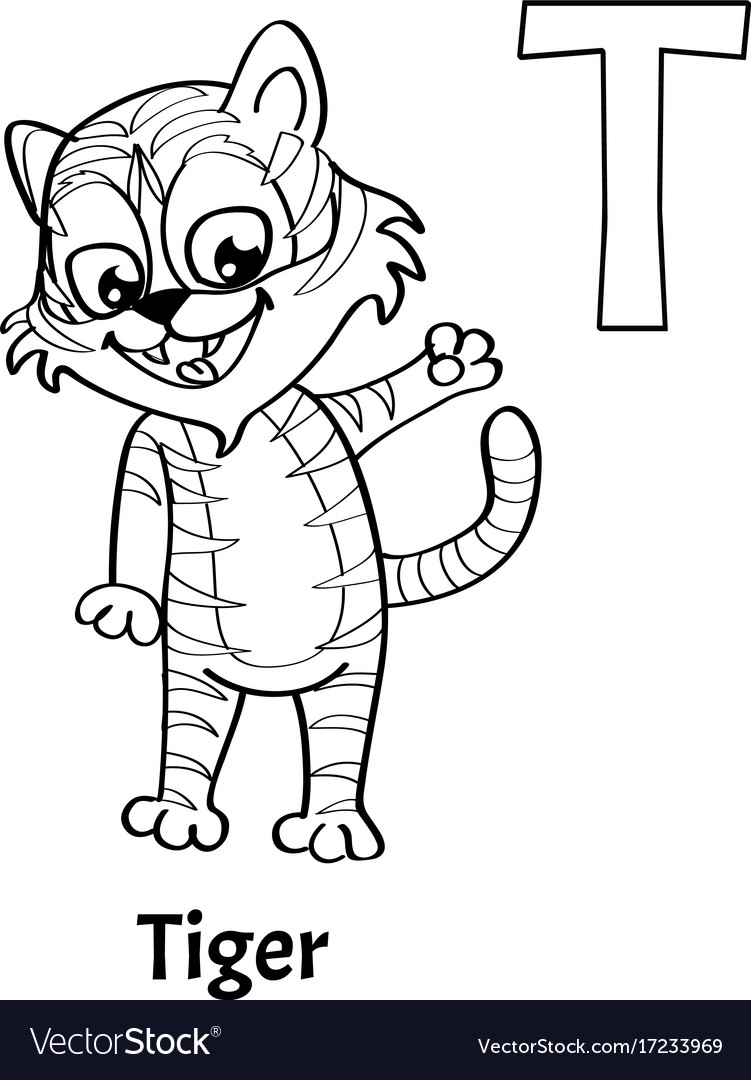 Alphabet letter t coloring page tiger royalty free vector