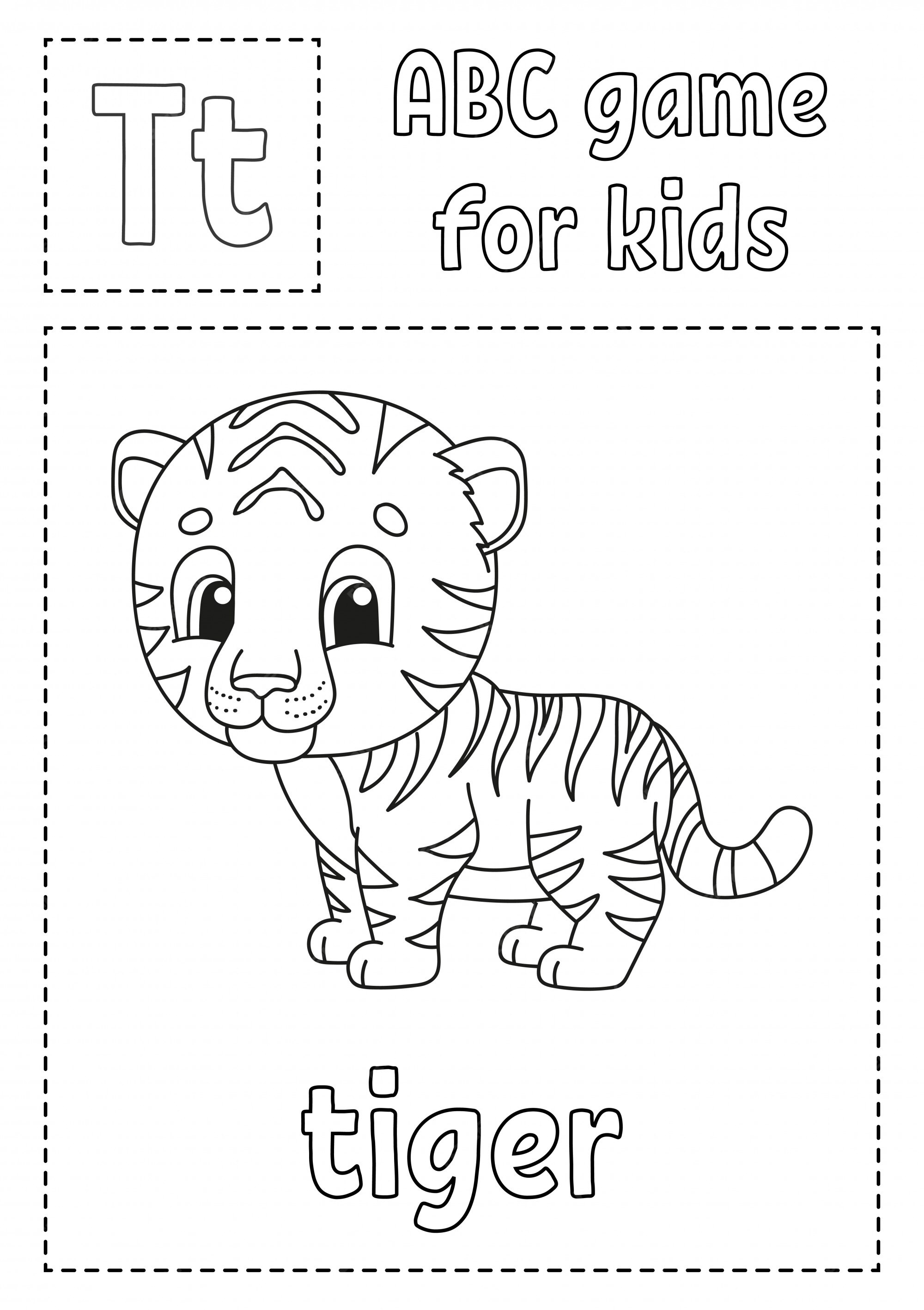 Premium vector letter t is for tiger abc game for kids alphabet coloring page