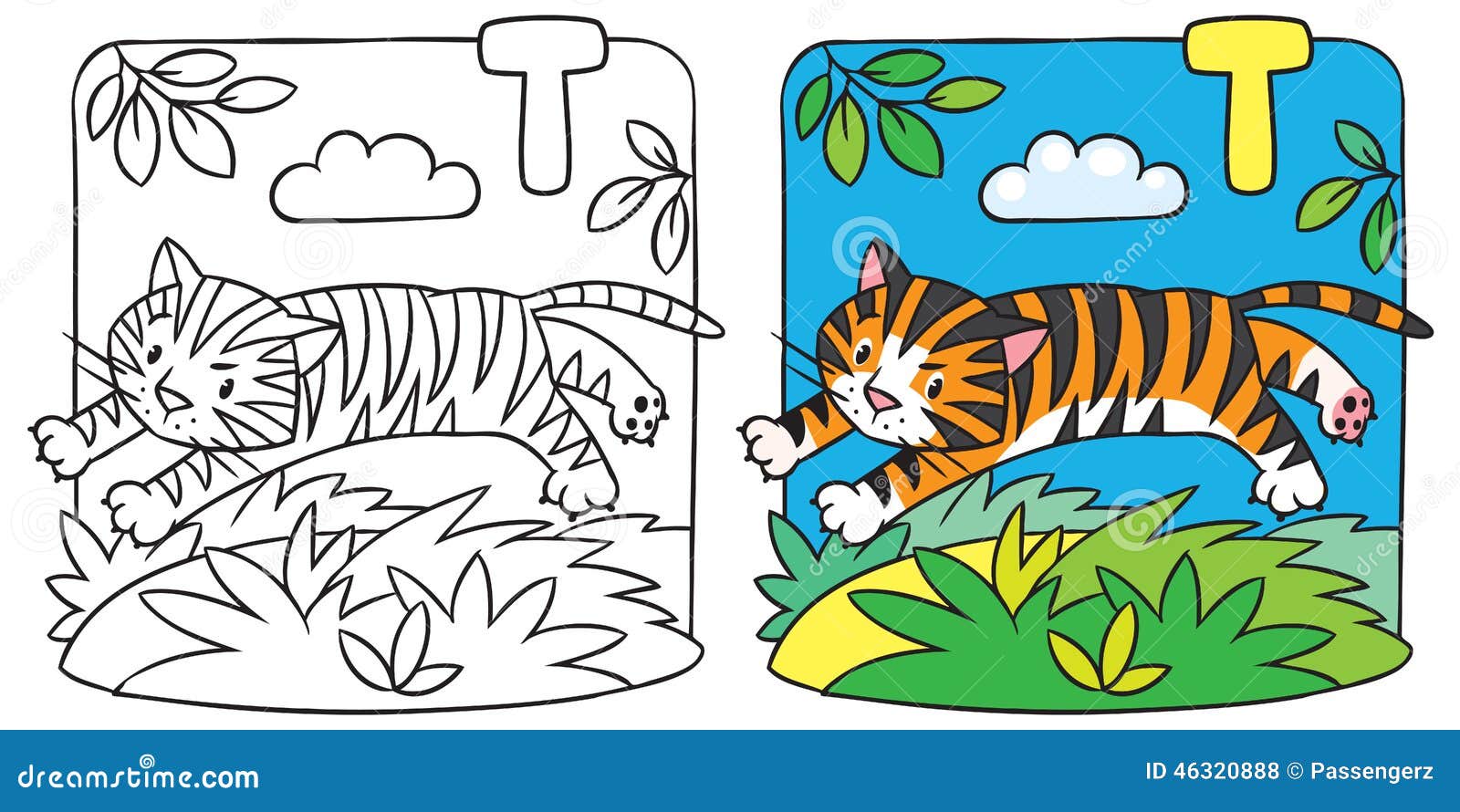 Little tiger coloring book alphabet t stock vector