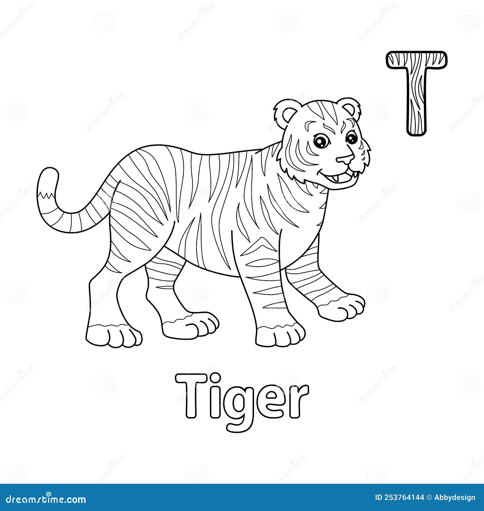 Tiger alphabet abc coloring page t stock vector