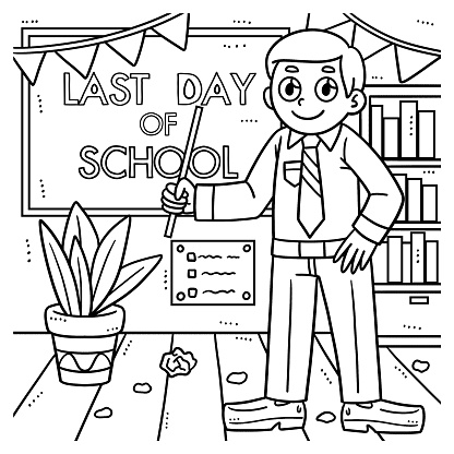 Last day of school teacher coloring page for kids stock illustration