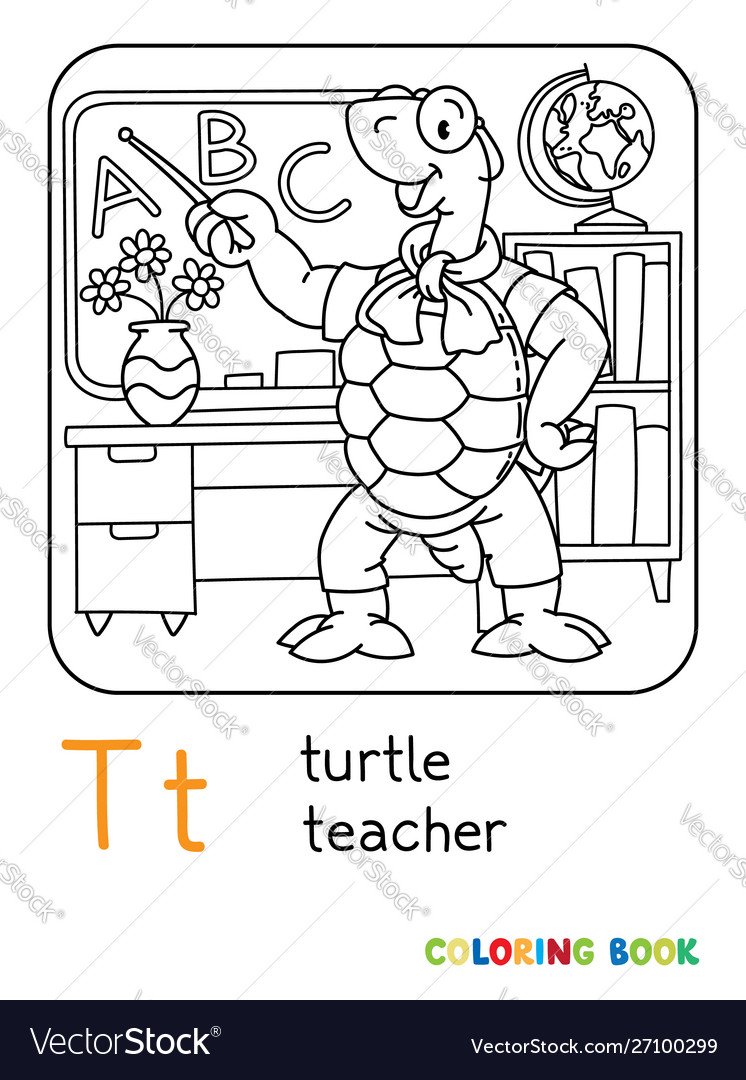 Turtle teacher abc coloring book alphabet t vector image