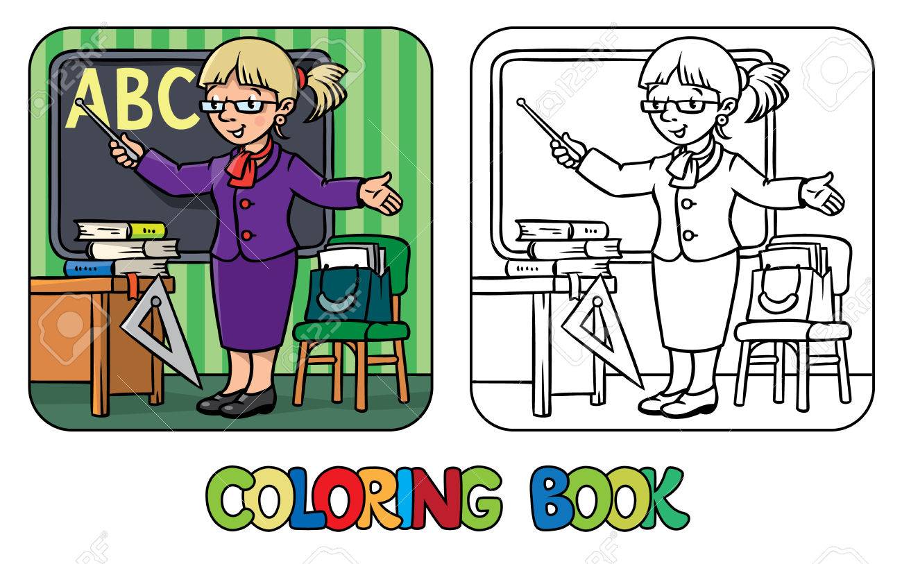 Coloring picture or coloring book of funny teacher with the pointer near the desk profession series children vector illustration royalty free svg cliparts vectors and stock illustration image