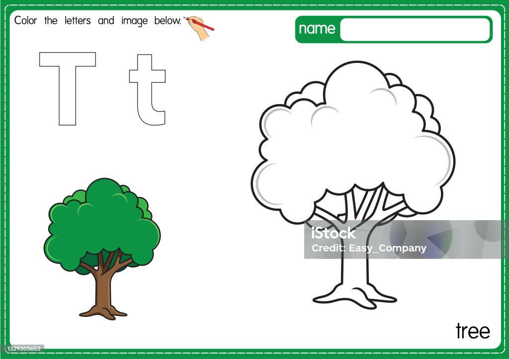 Vector illustration of kids alphabet coloring book page with outlined clip art to color letter t for tree stock illustration