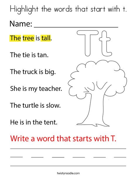 Highlight the words that start with t coloring page