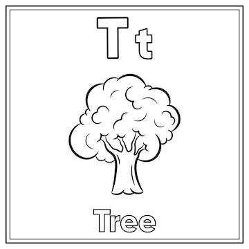 Premium vector alphabet flashcard letter t with cute tree drawing sketch for coloring